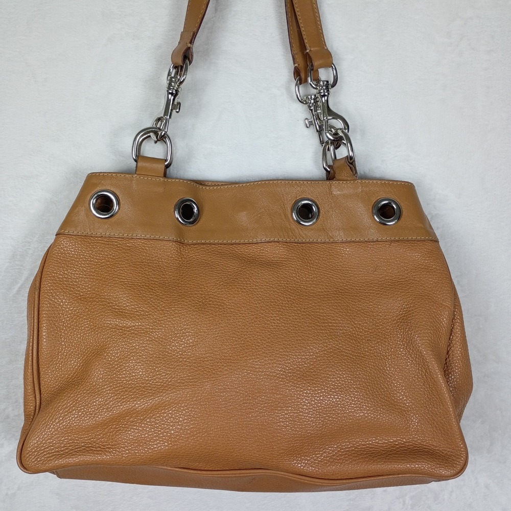 Firenze Italy Camel Tan Pebble Leather  Shoulder Bag Silver Hardware Green Liner